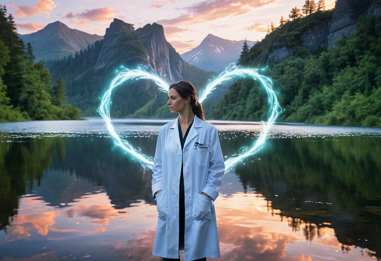 A serene scene depicting fluid dynamics visually represented as flowing waters merging with heart shapes, symbolizing emotional connections. Include a scientist observing this phenomenon with a calm backdrop of nature. Soft lighting enhances the romantic aspect while keeping a scientific feel. Use vibrant colors to create a harmonious balance between the two elements. super-realistic. vibrant colors. soft focus.