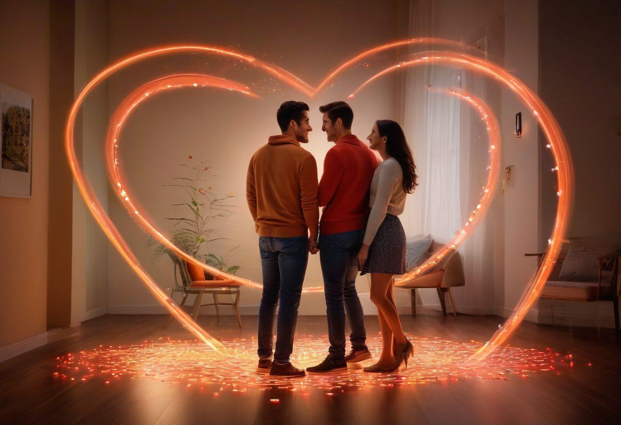 A couple joyfully using Magnaflo products, surrounded by glowing technology that symbolizes connection and intimacy, with heart motifs intertwined with modern tech elements in the background. The setting is warm and inviting, showcasing a blend of creativity and love. super-realistic. vibrant colors. warm ambiance.